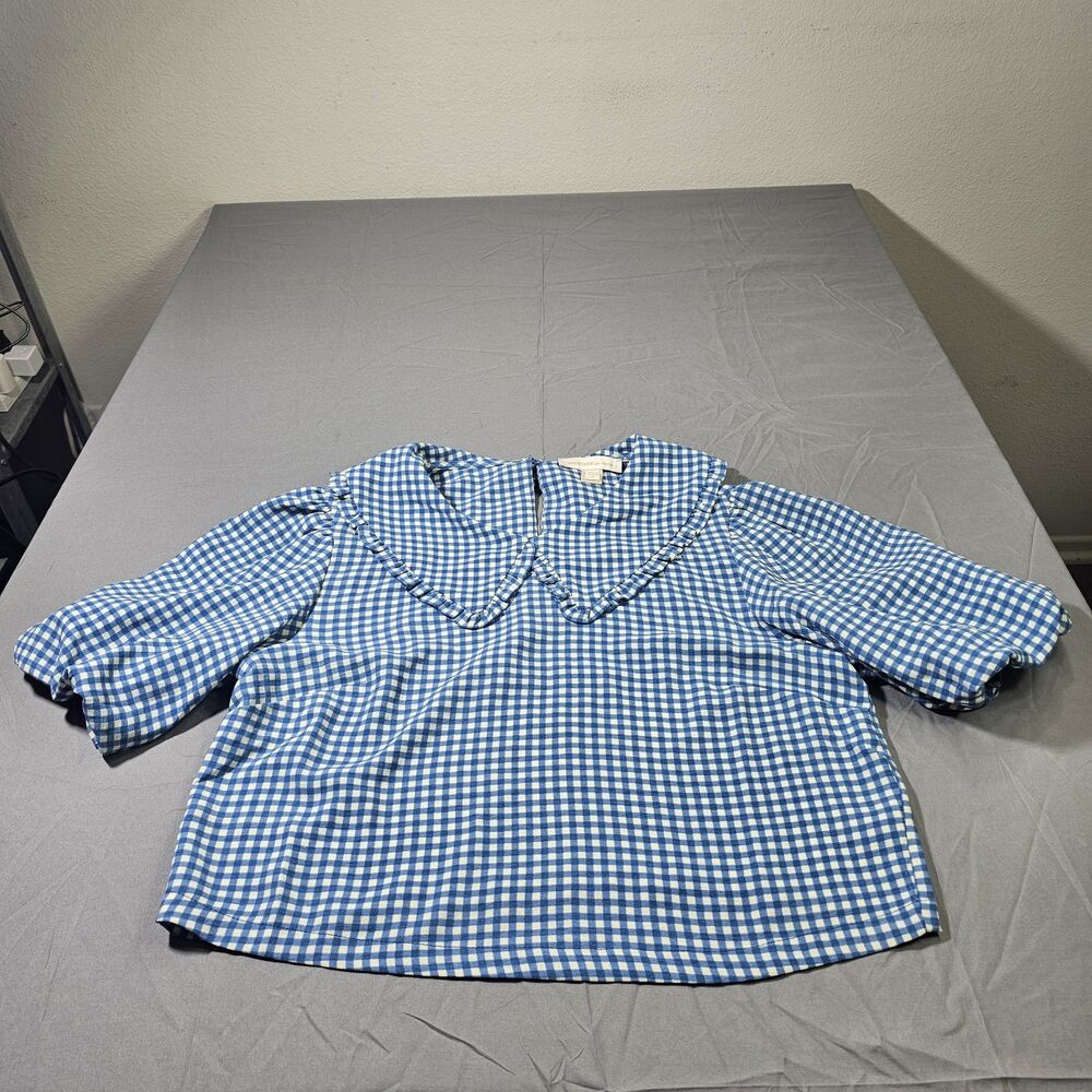 Monteau Los Angeles Blue Gingham Ruffled Collar Puff Sleeve Top Sz L